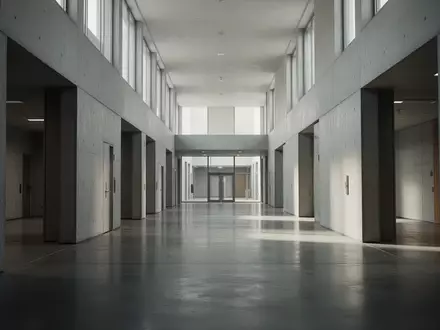 Leerer, minimalistischer Flur in einem modernen Verwaltungsgebäude mit kühler, sachlicher Atmosphäre. - Foto: über boerse-global.de
