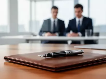 Ein professioneller Schreibtisch in einem modernen Büro mit einem Füllfederhalter auf einer Ledermappe. - Foto: über boerse-global.de
