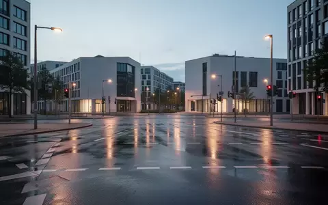 Eine moderne, menschenleere Stadtkreuzung in Deutschland bei Dämmerung mit nasser Fahrbahn und reflektierendem Licht. - Foto: über boerse-global.de