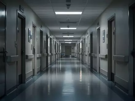 Ein leerer, hell erleuchteter Krankenhausflur mit glänzendem Boden und geschlossenen Türen bei Nacht. - Foto: über boerse-global.de