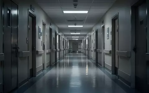 Ein leerer, hell erleuchteter Krankenhausflur mit glänzendem Boden und geschlossenen Türen bei Nacht. - Foto: über boerse-global.de