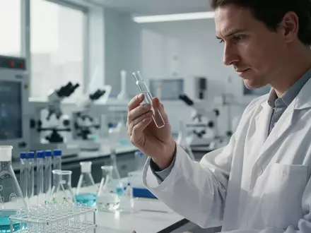 Ein Forscher in einem modernen Labor untersucht eine Glasampulle in einer klinischen Forschungsumgebung. - Foto: über boerse-global.de