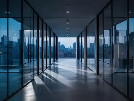 Ein minimalistischer, leerer Büroflur in einem modernen Gebäude bei Dämmerung mit kühler Beleuchtung. - Foto: über boerse-global.de