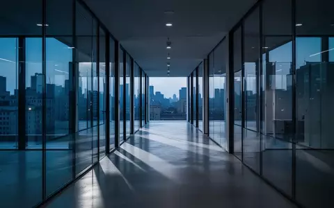 Ein minimalistischer, leerer Büroflur in einem modernen Gebäude bei Dämmerung mit kühler Beleuchtung. - Foto: über boerse-global.de