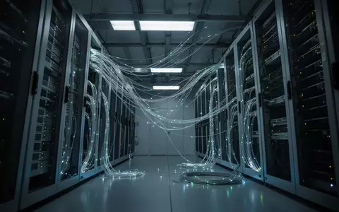 Dunkler Serverraum mit leuchtenden Glasfaserkabeln und technischer Infrastruktur. - Foto: über boerse-global.de