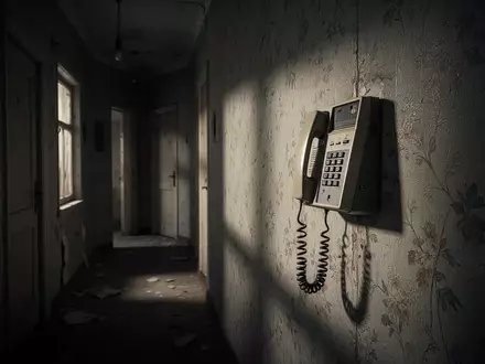 Ein veraltetes Wandtelefon in einem schattigen Flur eines Wohnhauses, das die bedrohliche Atmosphäre von Telefonbetrug symbolisiert. - Foto: über boerse-global.de