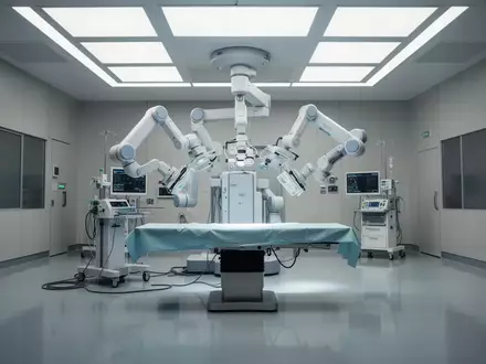 Ein moderner, steriler Operationssaal mit einem hochmodernen robotergestützten Chirurgie-System vor einem leeren Operationstisch. - Foto: über boerse-global.de