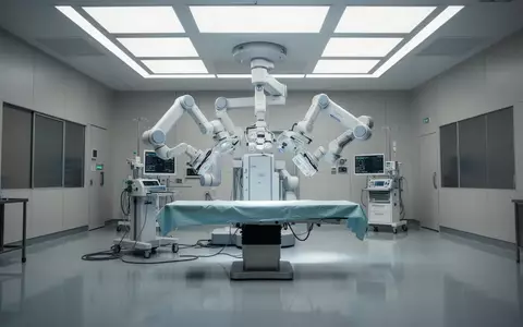 Ein moderner, steriler Operationssaal mit einem hochmodernen robotergestützten Chirurgie-System vor einem leeren Operationstisch. - Foto: über boerse-global.de