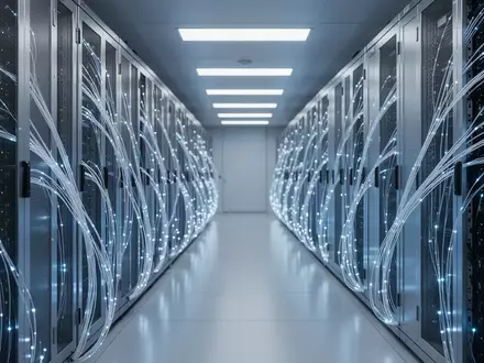 Modernes Rechenzentrum mit leuchtenden Glasfaserkabeln und Server-Racks in einer minimalistischen Umgebung. - Foto: über boerse-global.de