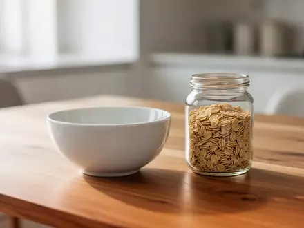 Eine Schale mit Sojaflocken auf einem Holztisch in einer hellen, minimalistischen Küche bei natürlichem Tageslicht. - Foto: über boerse-global.de