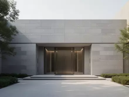 Moderner Gebäudeeingang mit klaren architektonischen Linien und einer grauen Steinfassade bei Tageslicht. - Foto: über boerse-global.de