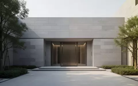 Moderner Gebäudeeingang mit klaren architektonischen Linien und einer grauen Steinfassade bei Tageslicht. - Foto: über boerse-global.de