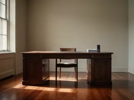Ein minimalistisches, ruhiges Büro mit einem leeren Stuhl und Schreibtisch, beleuchtet durch natürliches Licht. - Foto: über boerse-global.de