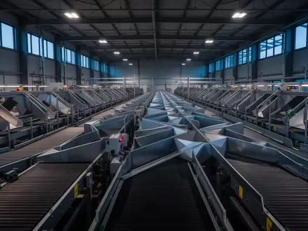 Ein weitläufiges, automatisiertes Logistikzentrum mit leeren Förderbändern und Sortieranlagen in einer industriellen Halle. - Foto: über boerse-global.de