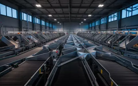 Ein weitläufiges, automatisiertes Logistikzentrum mit leeren Förderbändern und Sortieranlagen in einer industriellen Halle. - Foto: über boerse-global.de