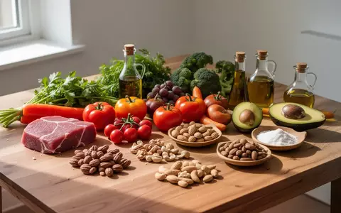 Frische, naturbelassene Lebensmittel wie Gemüse, Nüsse und gesunde Fette auf einem Holztisch bei natürlichem Licht. - Foto: über boerse-global.de