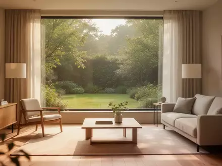 Ein lichtdurchfluteter, ruhiger Wohnraum mit Blick in einen grünen Garten, der eine Atmosphäre von häuslicher Geborgenheit vermittelt. - Foto: über boerse-global.de
