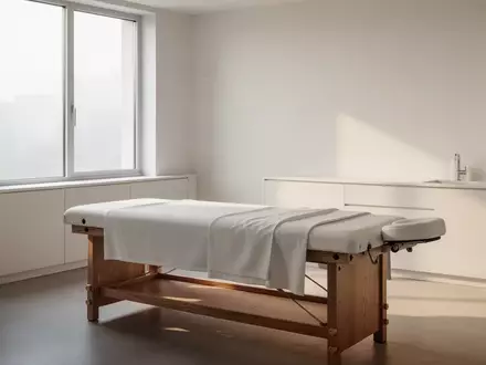 Ein minimalistischer Behandlungsraum mit einer professionellen Massageliege in hellem, natürlichem Licht. - Foto: über boerse-global.de