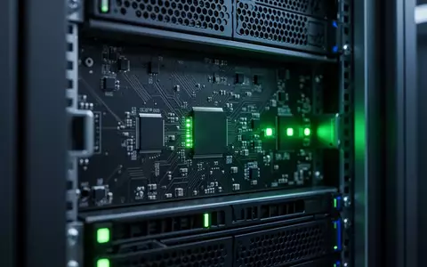 Nahaufnahme einer technologischen Serverinfrastruktur mit leuchtenden Statusanzeigen in einer kühlen, professionellen Umgebung. - Foto: über boerse-global.de