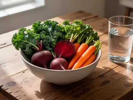Eine Schüssel mit frischem Gemüse und ein Glas Wasser auf einem Holztisch als Symbol für einen gesunden Lebensstil. - Foto: über boerse-global.de