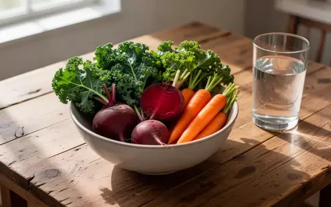 Eine Schüssel mit frischem Gemüse und ein Glas Wasser auf einem Holztisch als Symbol für einen gesunden Lebensstil. - Foto: über boerse-global.de