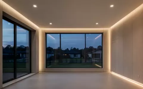 Ein minimalistisch gestalteter Wohnraum bei Dämmerung mit indirekter Beleuchtung und Blick auf eine ruhige Außenlandschaft. - Foto: über boerse-global.de
