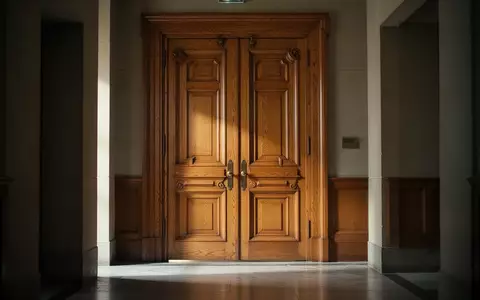 Massive Holztür eines Gerichtssaals in einem schlichten, architektonisch modernen Flur. - Foto: über boerse-global.de