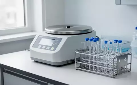 Ein klinisches Labor mit einer Zentrifuge und Reagenzgläsern in einem Metallständer auf einer sterilen weißen Fläche. - Foto: über boerse-global.de