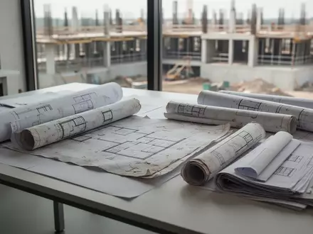 Alte Baupläne auf einem Architektentisch vor einem modernen Baustellenhintergrund. - Foto: über boerse-global.de
