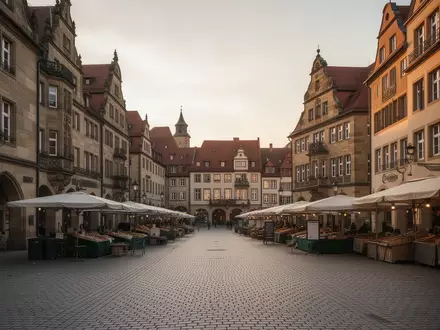 Historische Innenstadt von Würzburg mit Sandsteingebäuden und Kopfsteinpflaster bei Sonnenuntergang. - Foto: über boerse-global.de