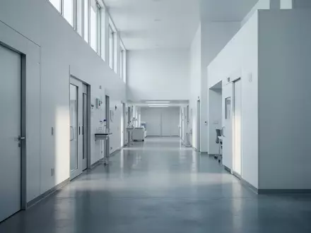 Ein minimalistischer, leerer Flur in einem modernen Forschungslabor mit kühlem Tageslicht und reflektierenden Bodenflächen. - Foto: über boerse-global.de