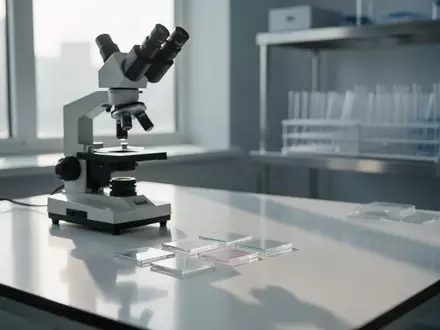 Ein steriler Laborarbeitsplatz mit einem Mikroskop und gläsernen Objektträgern in einer klinischen Umgebung. - Foto: über boerse-global.de