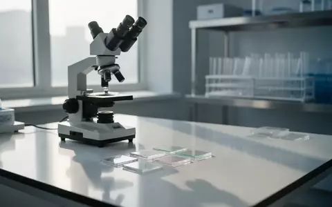 Ein steriler Laborarbeitsplatz mit einem Mikroskop und gläsernen Objektträgern in einer klinischen Umgebung. - Foto: über boerse-global.de