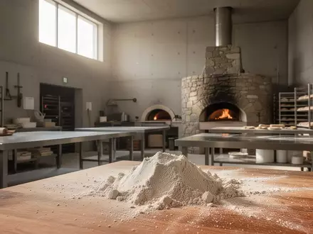 Minimalistische Backstube mit hellem Tageslicht, Mehlstaub auf einer hölzernen Arbeitsfläche und einem steinernen Ofen im Hintergrund. - Foto: über boerse-global.de