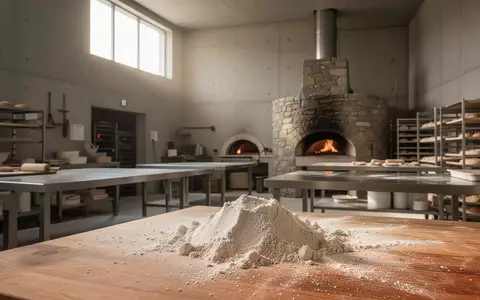 Minimalistische Backstube mit hellem Tageslicht, Mehlstaub auf einer hölzernen Arbeitsfläche und einem steinernen Ofen im Hintergrund. - Foto: über boerse-global.de