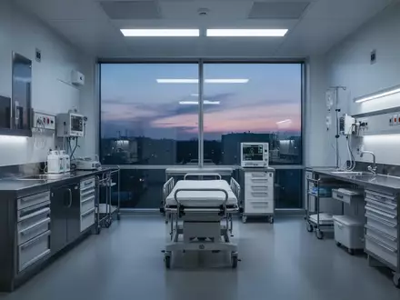 Ein moderner, steriler Notfallraum in einem Krankenhaus bei Dämmerung, beleuchtet durch sanftes, kühles Umgebungslicht. - Foto: über boerse-global.de