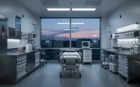 Ein moderner, steriler Notfallraum in einem Krankenhaus bei Dämmerung, beleuchtet durch sanftes, kühles Umgebungslicht. - Foto: über boerse-global.de