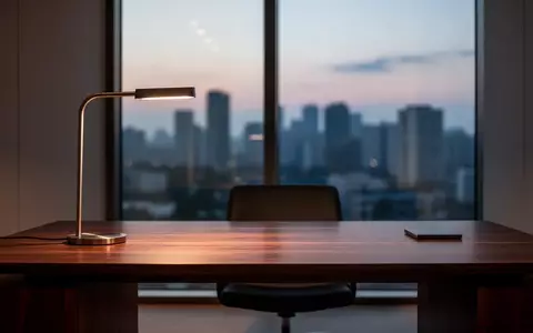 Ein minimalistischer, moderner Arbeitsplatz mit einem leeren Schreibtisch und Blick auf eine verschwommene Skyline bei Dämmerung. - Foto: über boerse-global.de