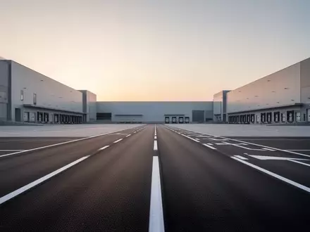 Weitläufiges, modernes Logistikgelände bei Dämmerung mit präzisen Fahrbahnmarkierungen und minimalistischen Industriehallen. - Foto: über boerse-global.de