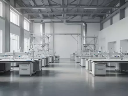 Ein minimalistisches, helles Industrielabor mit polierten Betonböden und geordneten Arbeitsbereichen in einer Forschungsumgebung. - Foto: über boerse-global.de