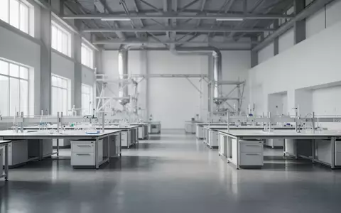 Ein minimalistisches, helles Industrielabor mit polierten Betonböden und geordneten Arbeitsbereichen in einer Forschungsumgebung. - Foto: über boerse-global.de