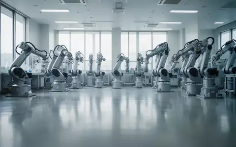 Ein minimalistisches, modernes Industrielabor mit unbeweglichen Roboterarmen in einer sterilen, hellen Umgebung. - Foto: über boerse-global.de