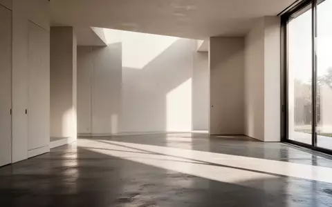 Ein minimalistischer, moderner Innenraum mit klaren Linien und weichem Tageslicht, das geometrische Schatten auf einen polierten Betonboden wirft. - Foto: über boerse-global.de
