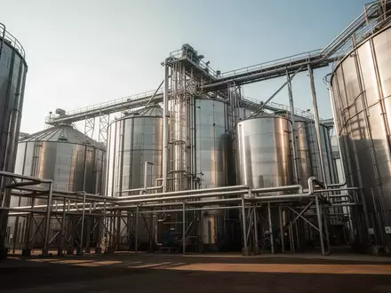 GroĂe, moderne industrielle ReismĂŒhle mit Edelstahlsilos unter klarem Himmel. - Foto: ĂŒber boerse-global.de