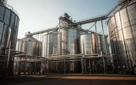 Große, moderne industrielle Reismühle mit Edelstahlsilos unter klarem Himmel. - Foto: über boerse-global.de