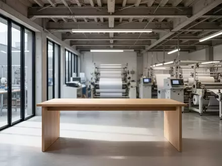 Ein minimalistisch gestalteter Arbeitsbereich in einem hellen Designstudio mit Blick auf eine Werkstatt im Hintergrund. - Foto: über boerse-global.de
