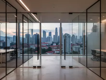 Ein minimalistisches, modernes Büro mit Blick auf die Skyline von Singapur bei Dämmerung. - Foto: über boerse-global.de