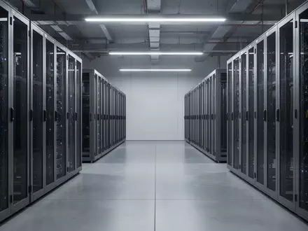 Ein moderner, minimalistischer Serverraum mit leeren, hochtechnologischen Geräteracks in einer ordentlichen Anordnung. - Foto: über boerse-global.de