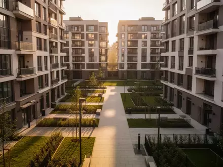 Ein leerer, gepflegter Innenhof zwischen zwei modernen Wohngebäuden bei Sonnenlicht. - Foto: über boerse-global.de