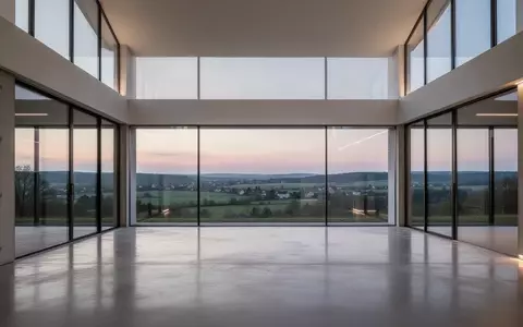 Ein minimalistischer, leerer Architekturraum mit großen Glasfronten und Blick auf eine weite Landschaft bei Dämmerung. - Foto: über boerse-global.de